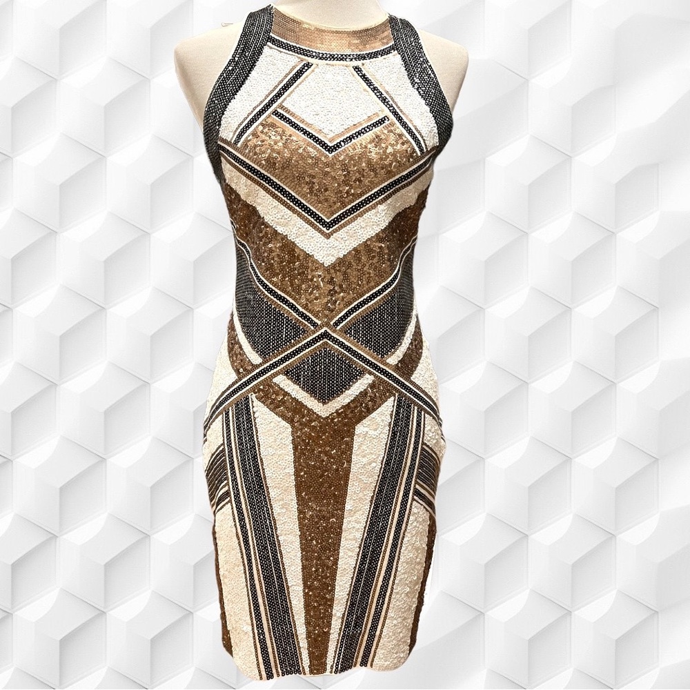 EXPRESS like new sequins geometric design halter shapely cocktail dress Sz m